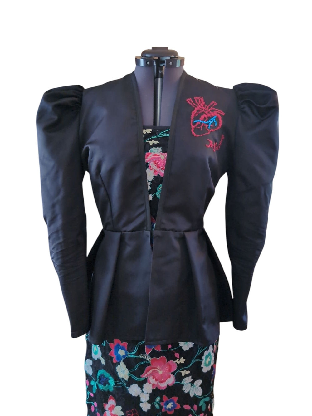Black Puff Shoulder Peplum Blazer with Red Embroidered Detail